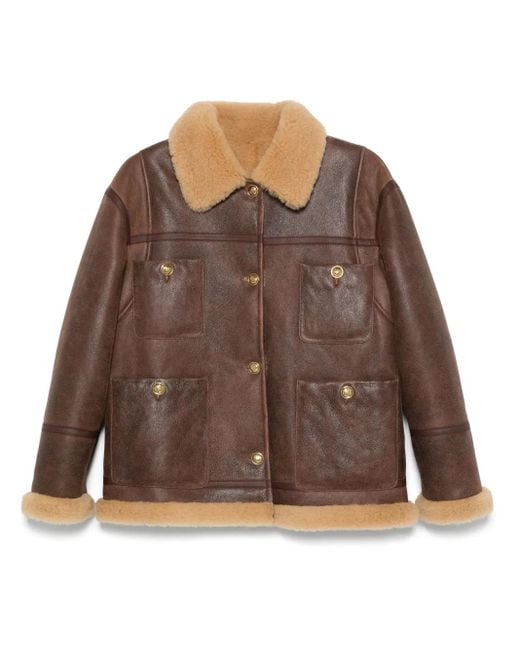 Sandro Brown Shearling-Trim Patch-Pocket Sheepskin Jacket