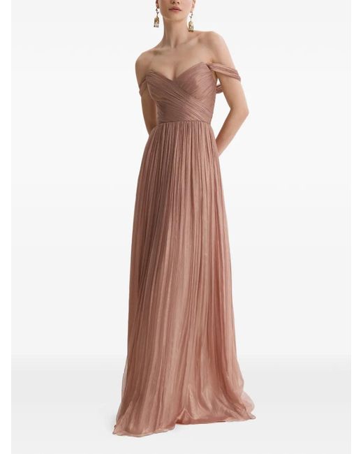 Framboise Brown Vaasa Off-Shoulder Pleated Maxi Dress