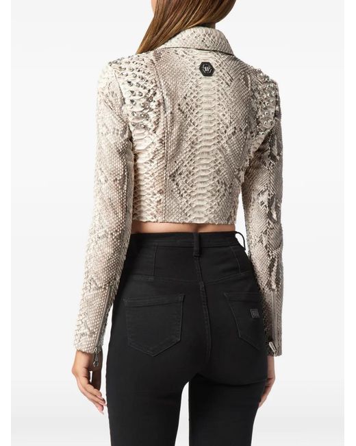 Philipp Plein Leren Bikerjack Met Python-Print in het White