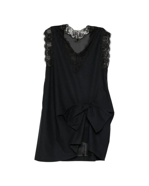 Pushbutton Black Lace-Trim Ribbon Dress