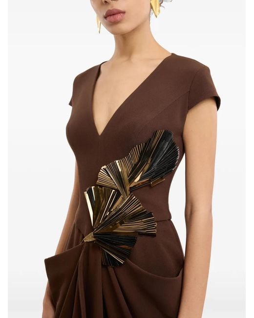 Gemy Maalouf Brown Embellished Draped Dress