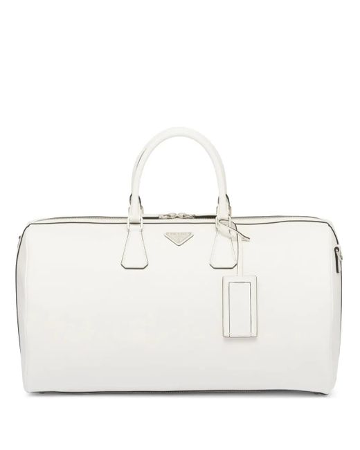 Prada White Triangle-Logo Leather Duffle Bag