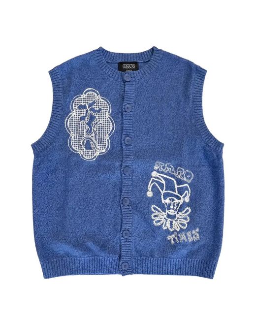 PAS DE MER Blue Doily Embroidered-Patchwork Cotton Sweater Vest for men