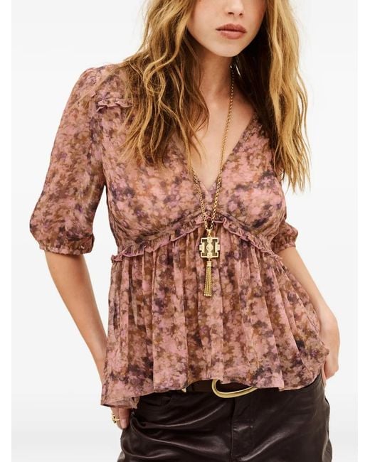 Ba&sh Pink Asya Floral-Print Ruffled Top