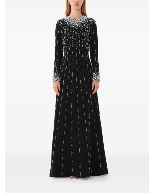 Dina Melwani Black Crystal-Embellished Long-Sleeve Maxi Dress