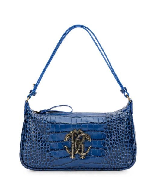 Roberto Cavalli Blue Crocodile-Effect Logo-Plaque Shoulder Bag