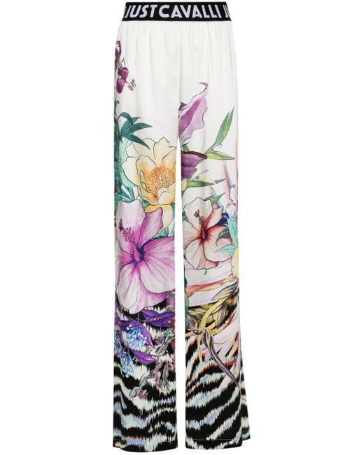 Pantalones rectos con estampado floral Just Cavalli de color White