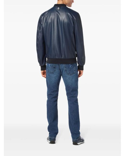 Billionaire Blue Leather Bomber Jacket for men