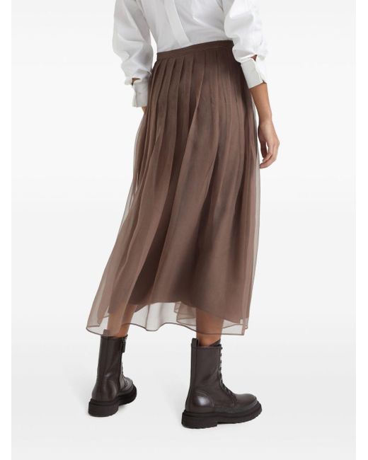 Brunello Cucinelli Brown Pleated Silk Midi Skirt
