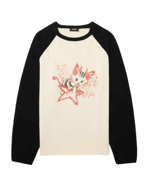 we11done Black Cat-Print Raglan-Sleeve Sweater