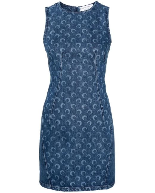 MARINE SERRE Blue "Mini All Over Moon Regenerated Denim Dress