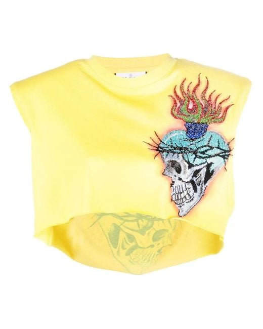 Philipp Plein Yellow Love Tattoo Cropped T-Shirt