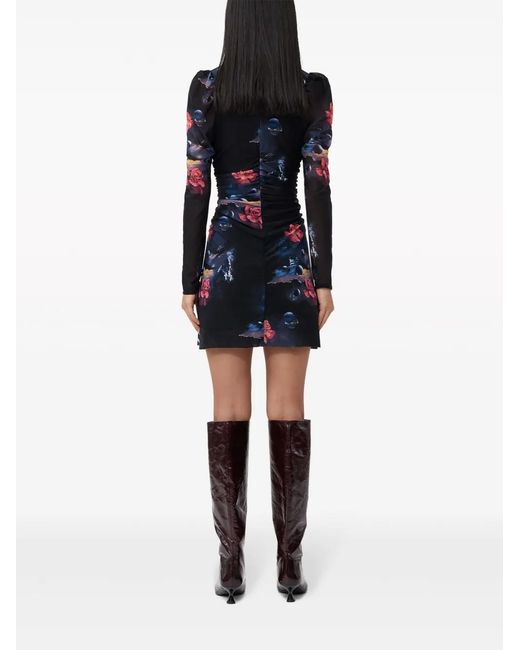 Ganni Geplooide Mini-Jurk Met Grafische Print in het Blue