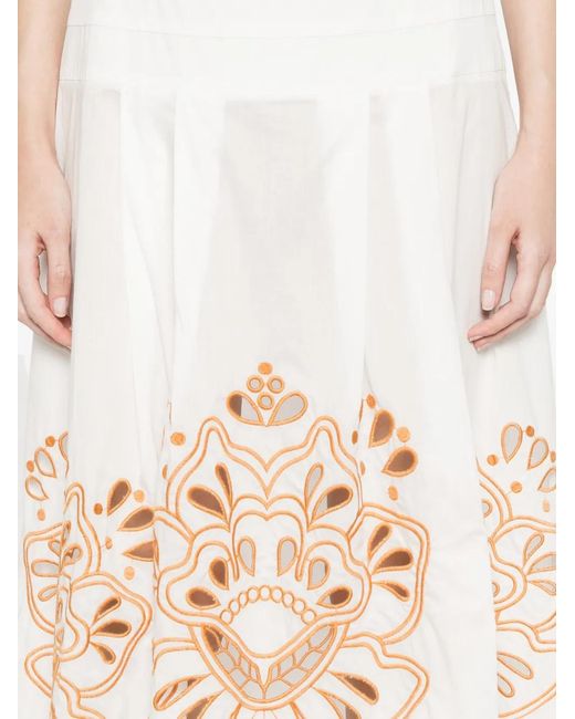 Farm Rio White Trop Floral-Embroidery Midi Skirt