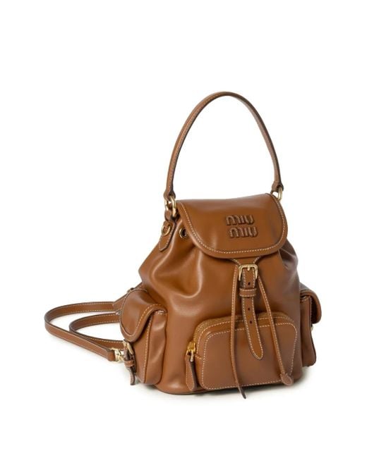 Miu Miu Brown Logo-Lettering Buckle-Fastening Backpack