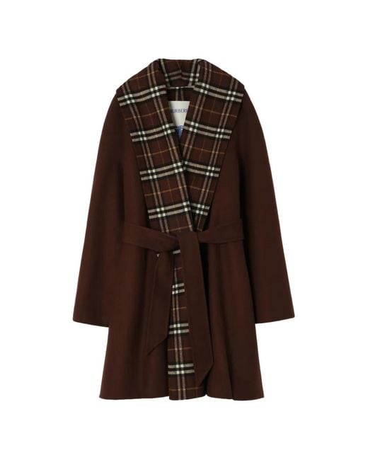 Burberry Brown Check Trim Wool Wrap Coat