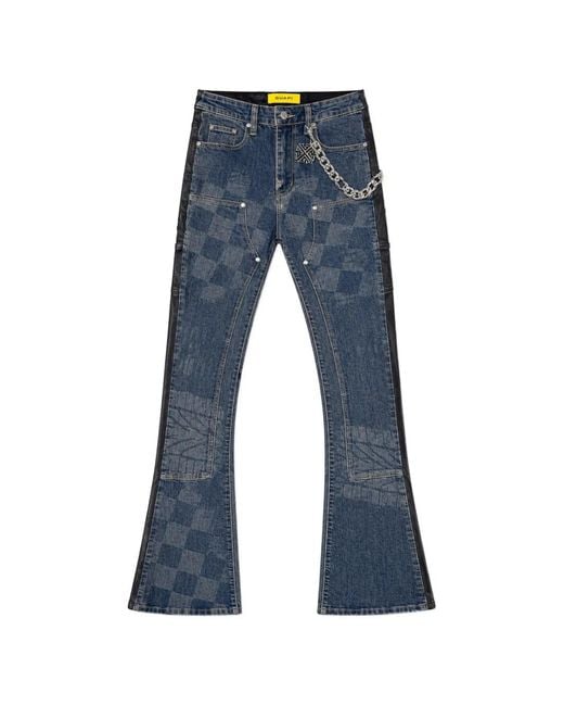GUAPI Blue Checkerboard-Print Panelled Jeans for men