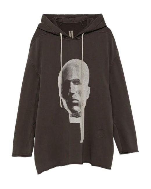 Rick Owens Black Head-Print Drawstring Hoodie for men