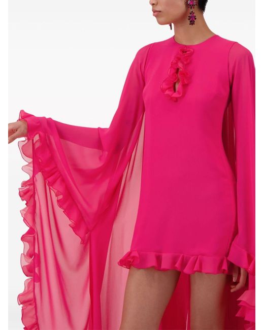 Giambattista Valli Pink Ruffle-trim Cape Silk Dress