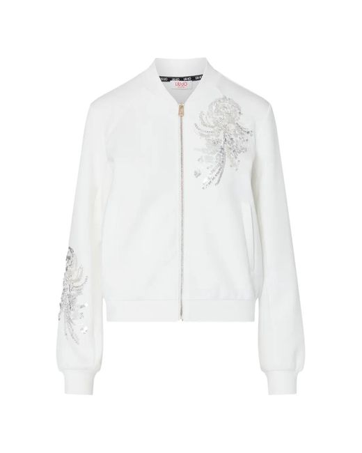 Liu Jo White Sweatshirt With Zip And Bejewelled Embellishment