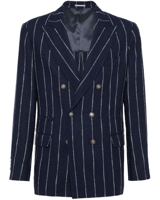 Brunello Cucinelli Blue Striped Double-breasted Blazer for men