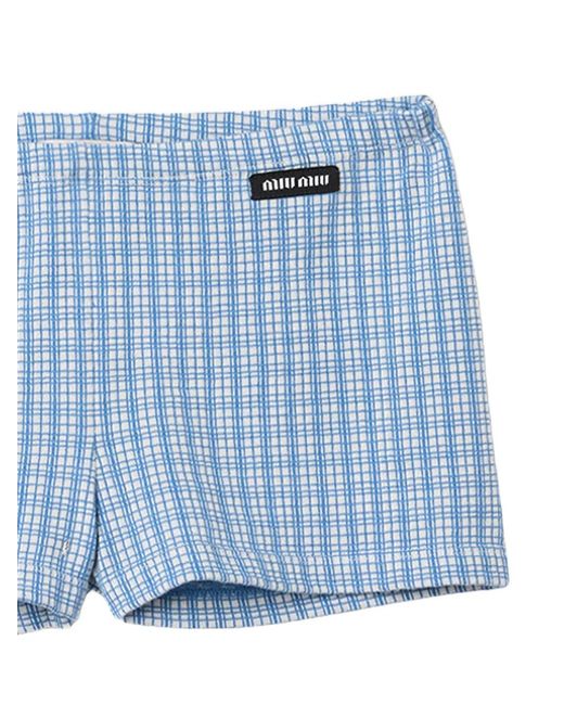 Miu Miu Blue Check-Pattern Logo-Patch Shorts