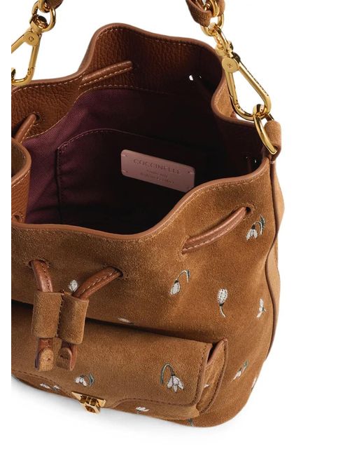 Coccinelle Brown Small Beat Generation Floral Suede Bucket Bag