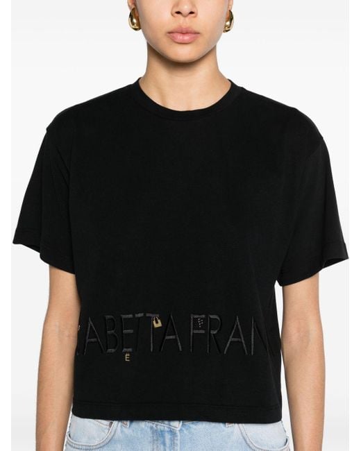 Elisabetta Franchi Black Logo-embroidered Cotton T-shirt