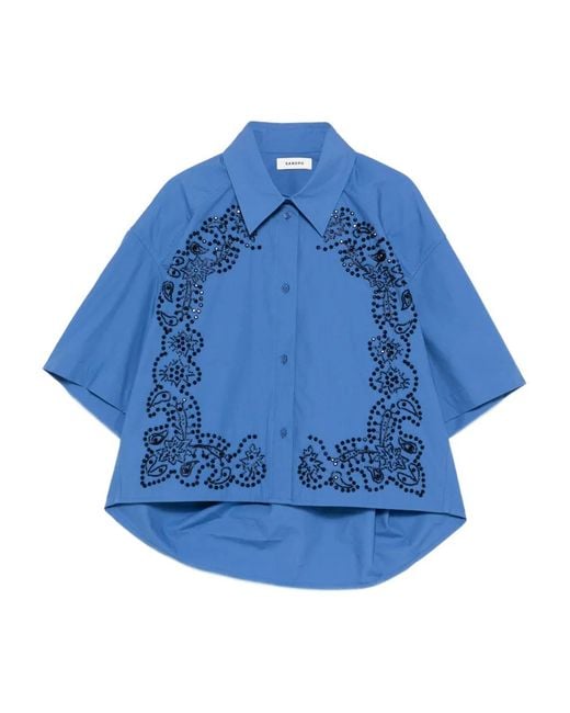Sandro Blue Embroidered And Beaded Shirt