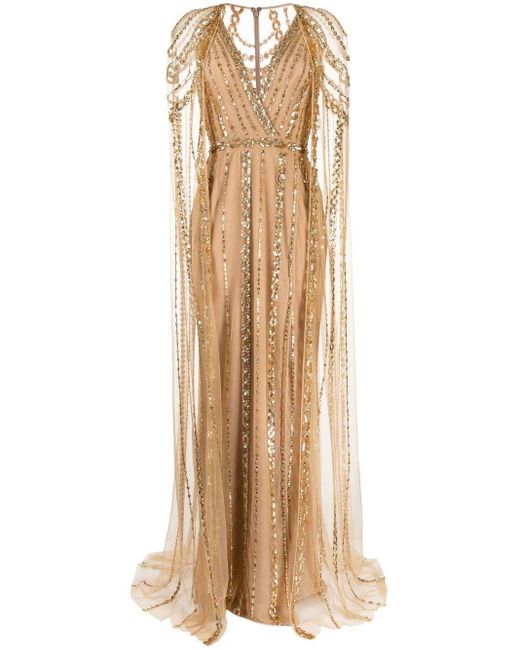 Zuhair Murad Natural Chain-embellished Cape Gown