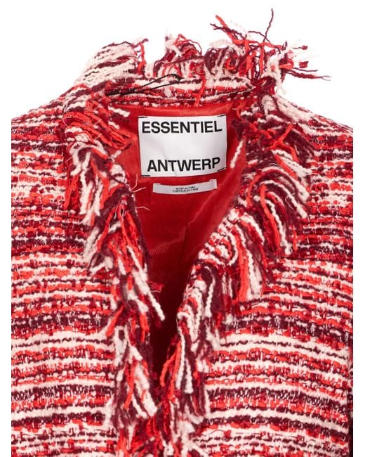 Essentiel Antwerp Red Fringed-Trim Tweed Jacket