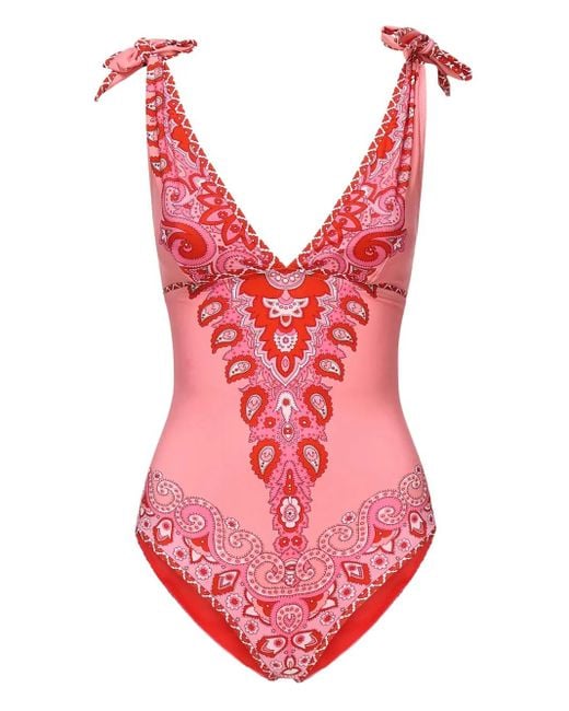 Etro Pink Paisley-Print Tie-Shoulder Swimsuit
