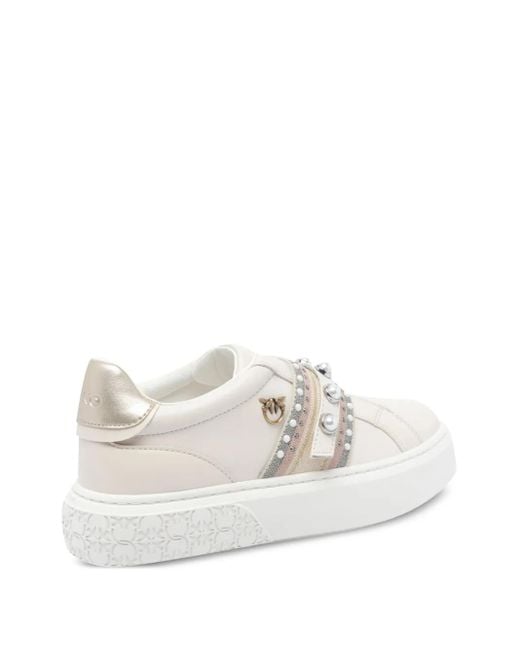 Pinko White Pearl-Embellished Platform Sneakers