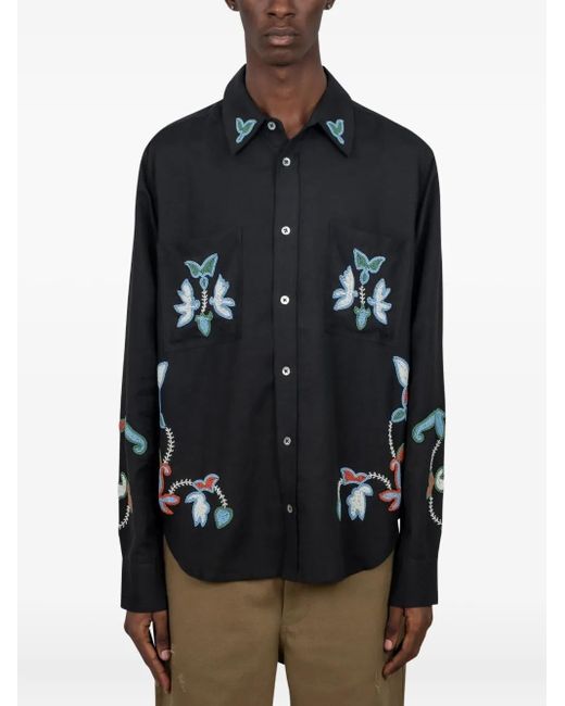 BAZISZT Black Beaded-Embellished Floral-Motif Shirt for men