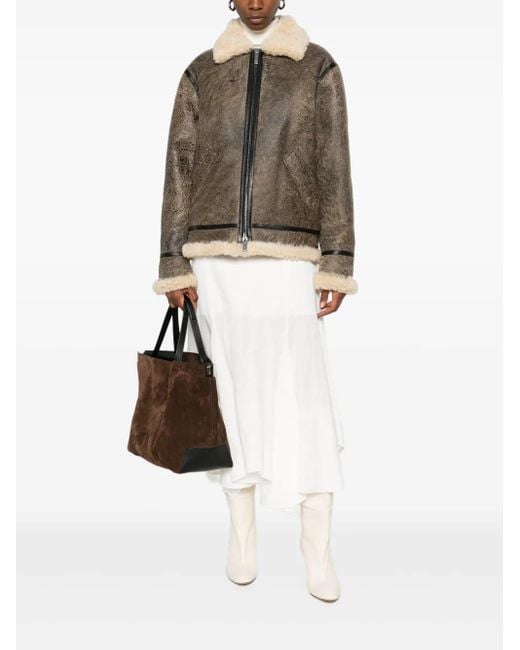 P.A.R.O.S.H. Brown Giubbotto Shearling Zip-Front Leather Jacket