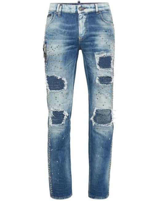 Philipp Plein Blue Denim Rock Star Fit Trousers Studs for men