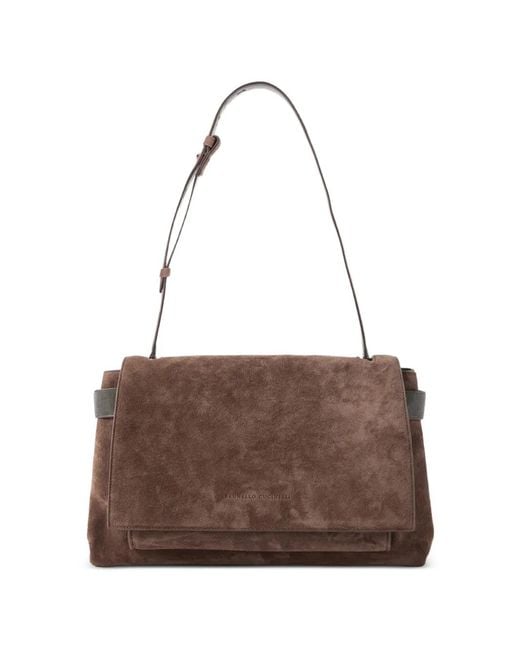 Brunello Cucinelli Brown Monili-Embellished Suede Shoulder Bag