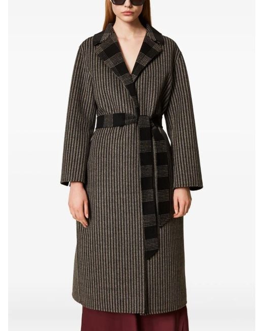 Twinset Gray Striped-Pattern Reversible-Design Coat