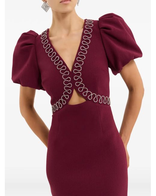 Rebecca Vallance Red Cava Puff-Sleeves Embellished Midi Dress