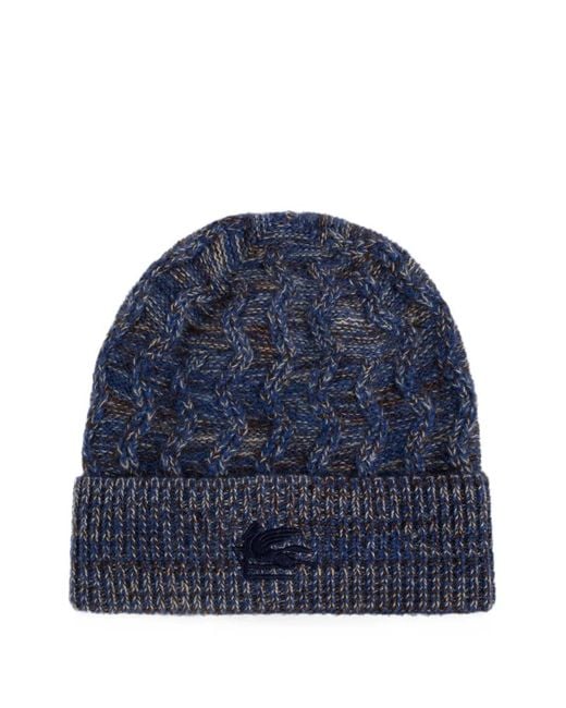 Etro Blue Cable-Knit Embroidered-Logo Beanie Hat for men