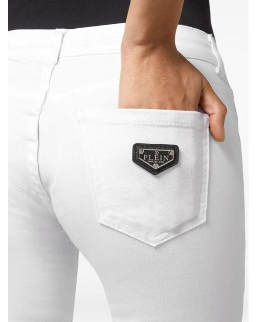 Philipp Plein White Logo-Plaque Slim-Fit Denim Jeans