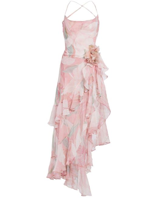retroféte Pink Samara Floral-print Ruffled Silk Dress