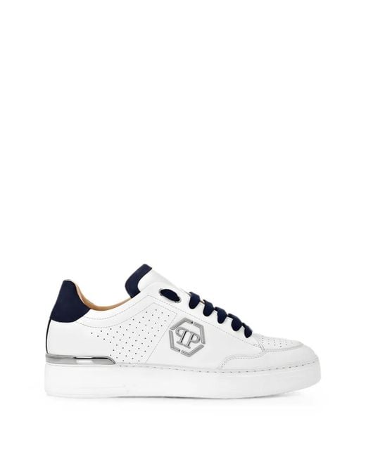 Philipp Plein White Hexagon Logo-Plaque Perforated Sneakers for men
