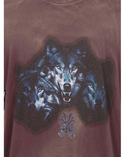 KAMIYA Purple Wolf-print Distressed T-shirt for men