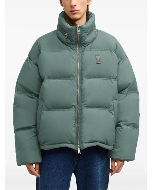 AMI Green Cropped Puffer Jacket With High Stand Collar for men