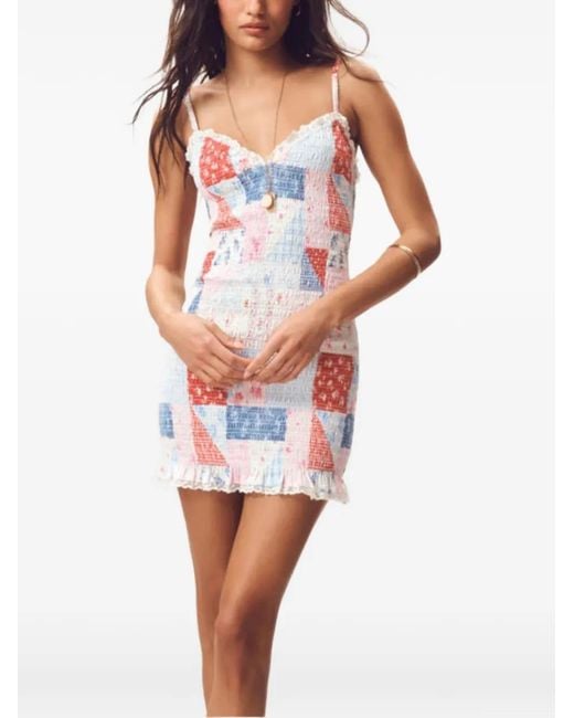 LoveShackFancy White Solier Patchwork-Print Smocked Mini Dress