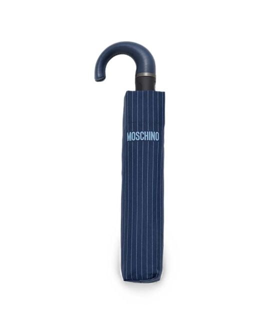 Moschino Blue Pinstripe-Print Logo-Print Umbrella