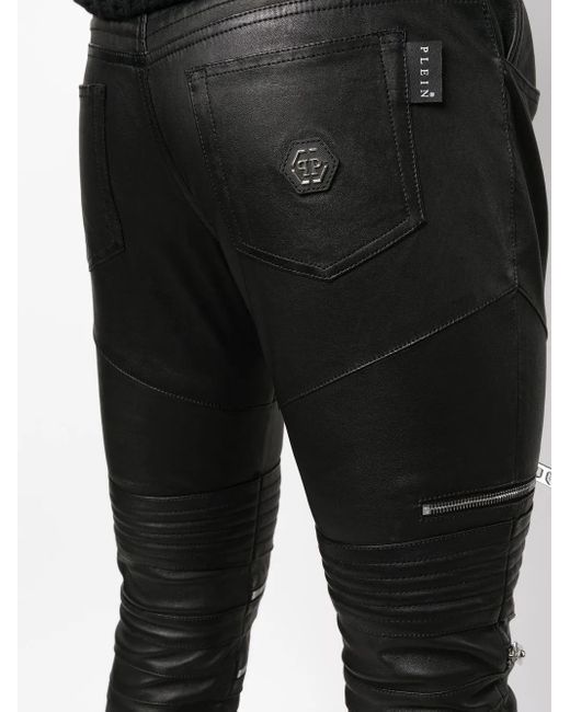 Philipp Plein Black Zippered Leather Biker Trousers for men