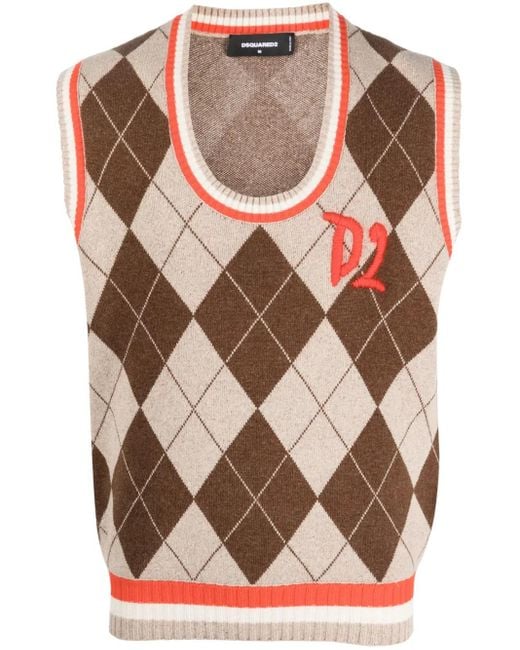 DSquared² Pink Argyle-Patern Wool-Silk Vest for men