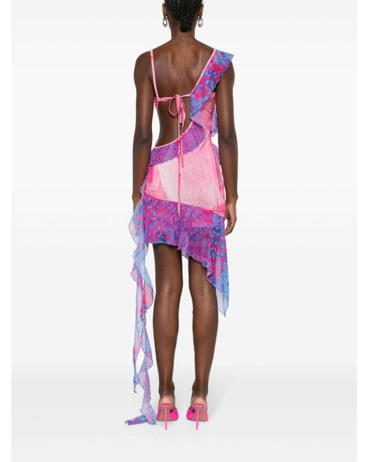 Versace Pink Denim-print Ruffle-detail Dress